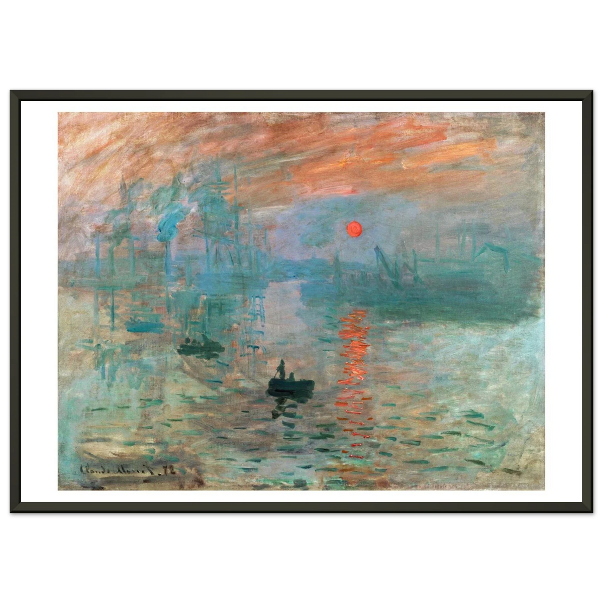 Reproduction encadrée en cadre noir d'Impression, soleil levant de Claude Monet, tirage INKONAL