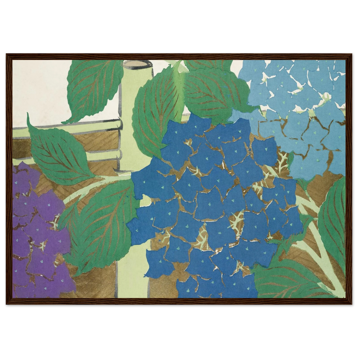 Estampe japonaise Ajisai, Hortensia — Kamisaka Sekka, tirage encadré cadre bois foncé | INKONAL