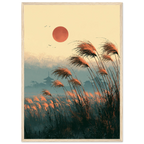 Poster Ashita no kaze encadré cadre bois — herbes hautes couchées par le vent sous un soleil rouge, affiche d'art japonais INKONAL