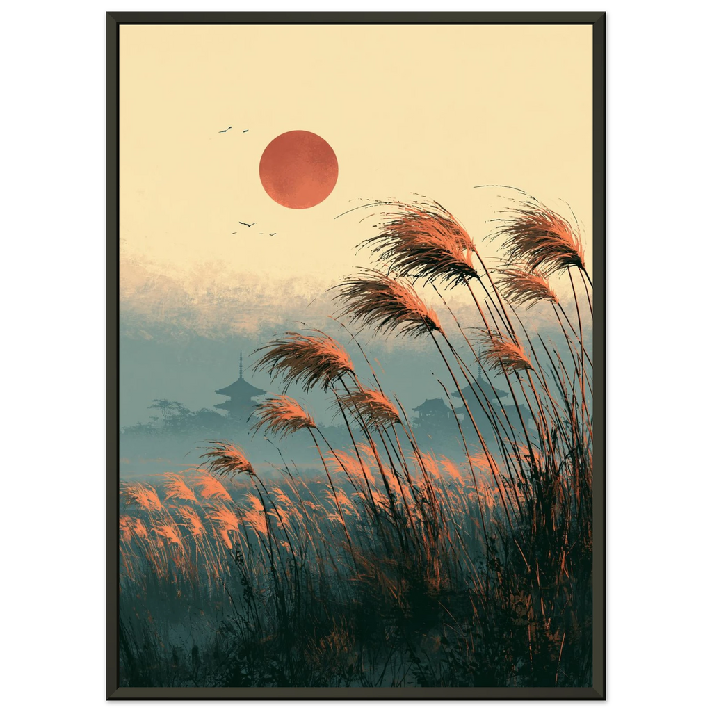 Poster Ashita no kaze encadré cadre noir — herbes hautes couchées par le vent sous un soleil rouge, affiche d'art japonais INKONAL