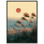 Poster Ashita no kaze encadré cadre noir — herbes hautes couchées par le vent sous un soleil rouge, affiche d'art japonais INKONAL