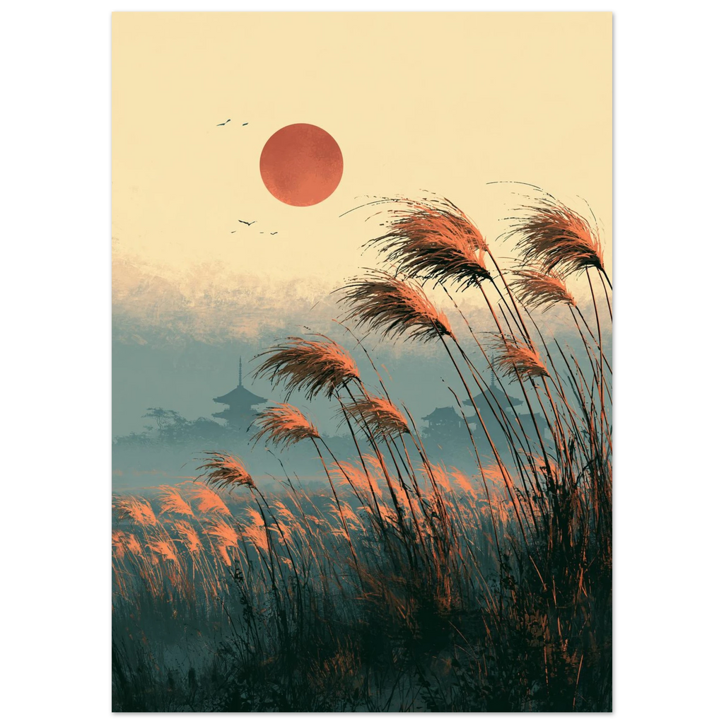 Poster Ashita no kaze sans cadre — herbes hautes couchées par le vent sous un soleil rouge, affiche d'art japonais INKONAL