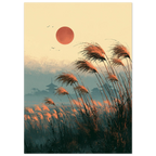 Poster Ashita no kaze sans cadre — herbes hautes couchées par le vent sous un soleil rouge, affiche d'art japonais INKONAL