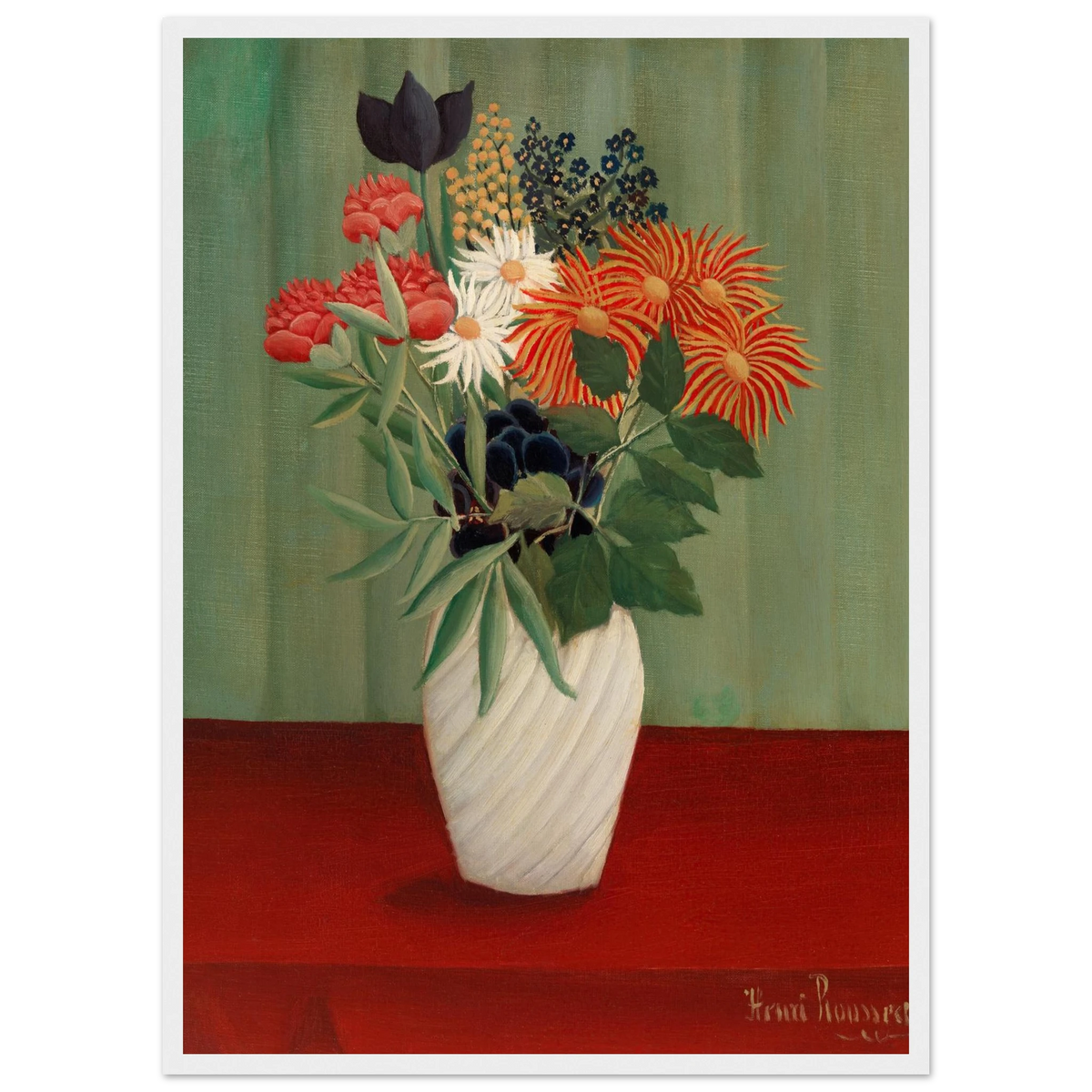 Tableau Bouquet de fleurs aux reines-marguerites et aux tokyos — Henri Rousseau, tirage encadré cadre blanc | INKONAL