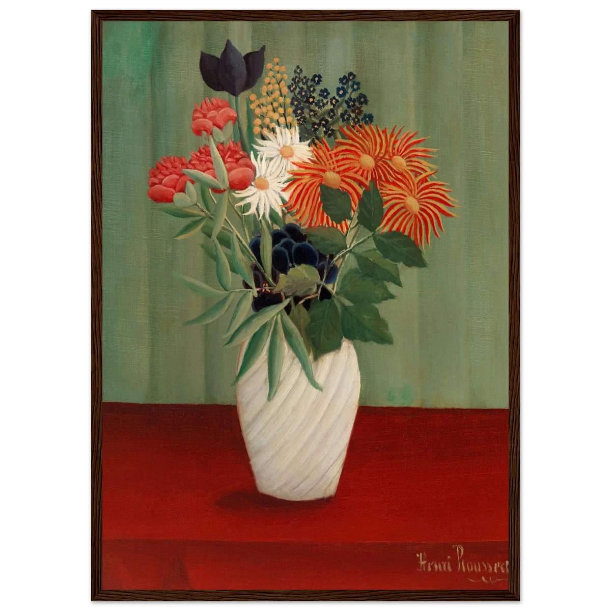Tableau Bouquet de fleurs aux reines-marguerites et aux tokyos — Henri Rousseau, tirage encadré cadre bois foncé | INKONAL