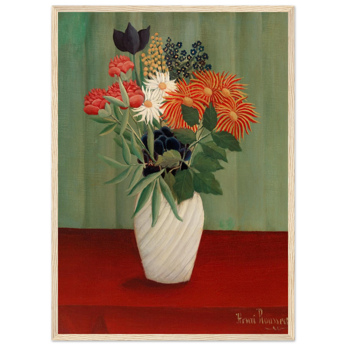 Tableau Bouquet de fleurs aux reines-marguerites et aux tokyos — Henri Rousseau, tirage encadré cadre bois | INKONAL