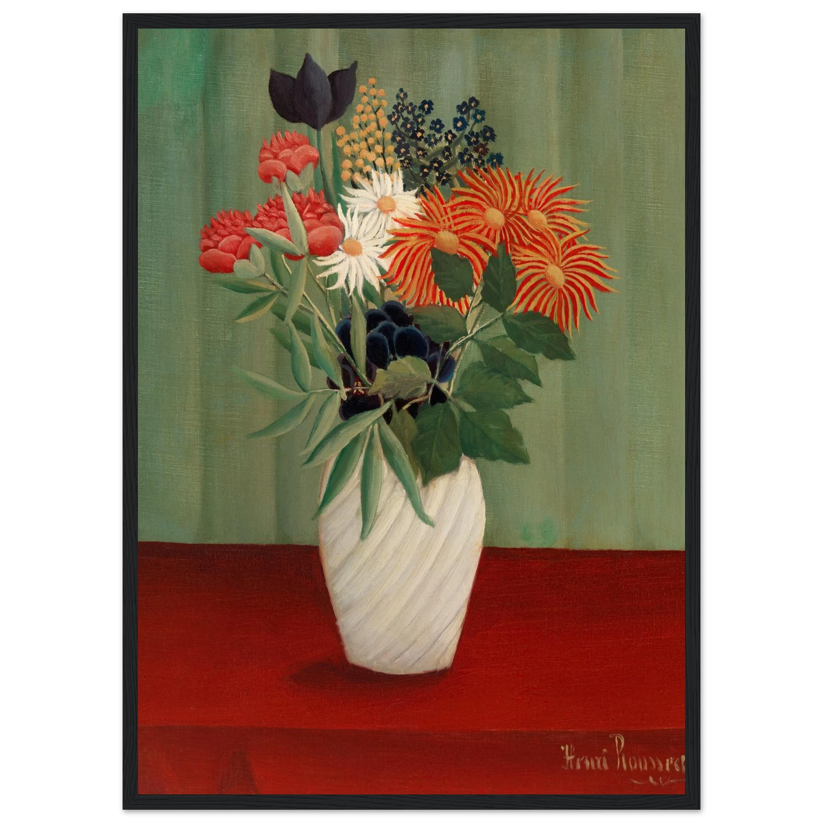 Tableau Bouquet de fleurs aux reines-marguerites et aux tokyos — Henri Rousseau, tirage encadré cadre noir | INKONAL