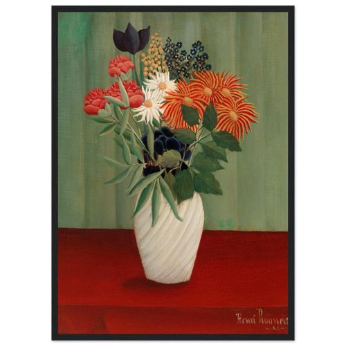 Tableau Bouquet de fleurs aux reines-marguerites et aux tokyos — Henri Rousseau, tirage encadré cadre noir | INKONAL