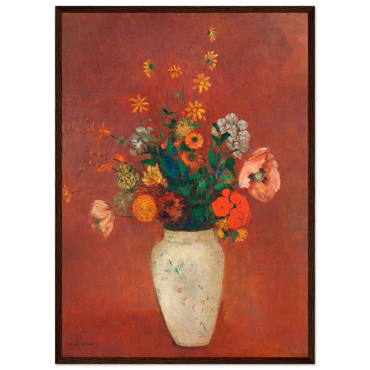 Tableau Bouquet dans un vase chinois — Odilon Redon, tirage encadré cadre bois foncé | INKONAL