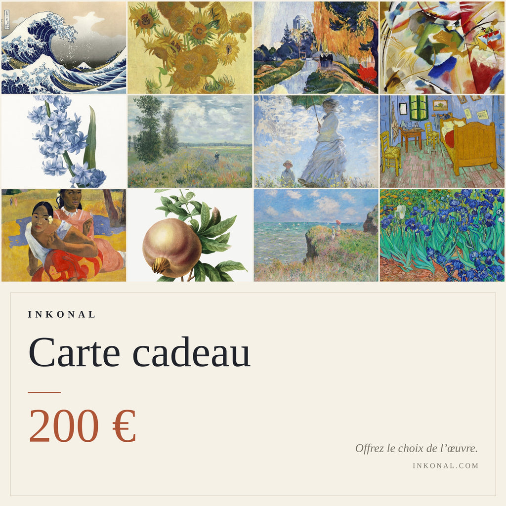 Carte cadeau INKONAL de 200 € : mosaïque d'œuvres de la boutique, estampe japonaise, peintures et planche botanique