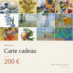 Carte cadeau INKONAL de 200 € : mosaïque d'œuvres de la boutique, estampe japonaise, peintures et planche botanique