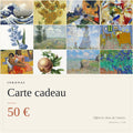 Carte cadeau INKONAL de 50 € : mosaïque d'œuvres de la boutique, estampe japonaise, peintures et planche botanique