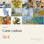 Carte cadeau INKONAL de 50 € : mosaïque d'œuvres de la boutique, estampe japonaise, peintures et planche botanique