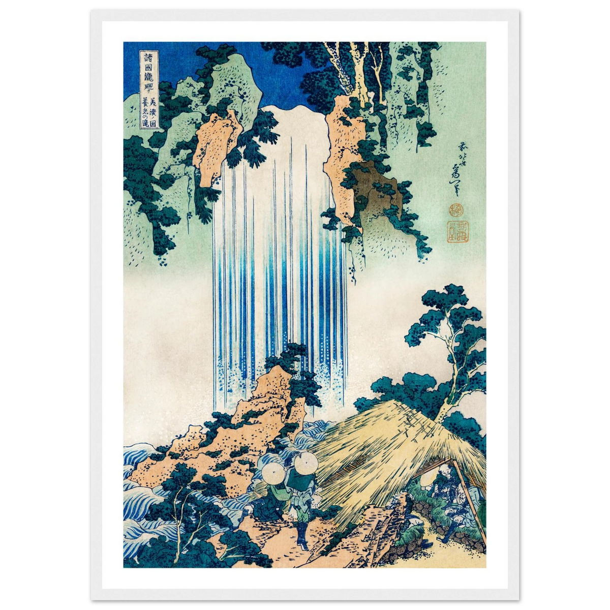 Poster Yōrō no Taki, La Cascade de Yōrō encadré cadre blanc, estampe japonaise Hokusai INKONAL