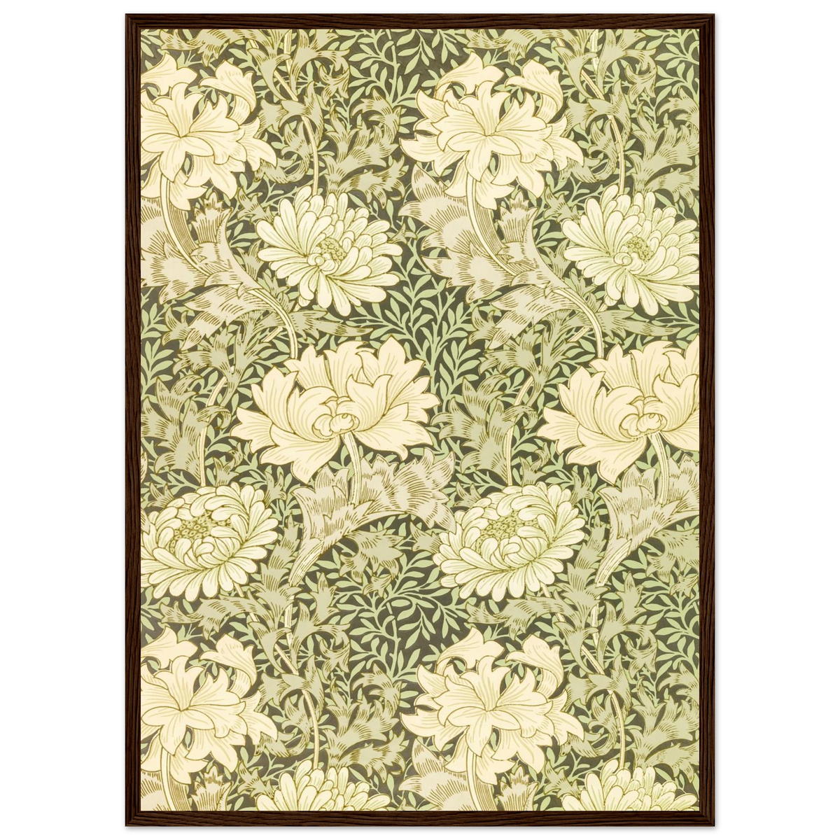 Motif Chrysanthème — William Morris, tirage encadré cadre bois foncé | INKONAL