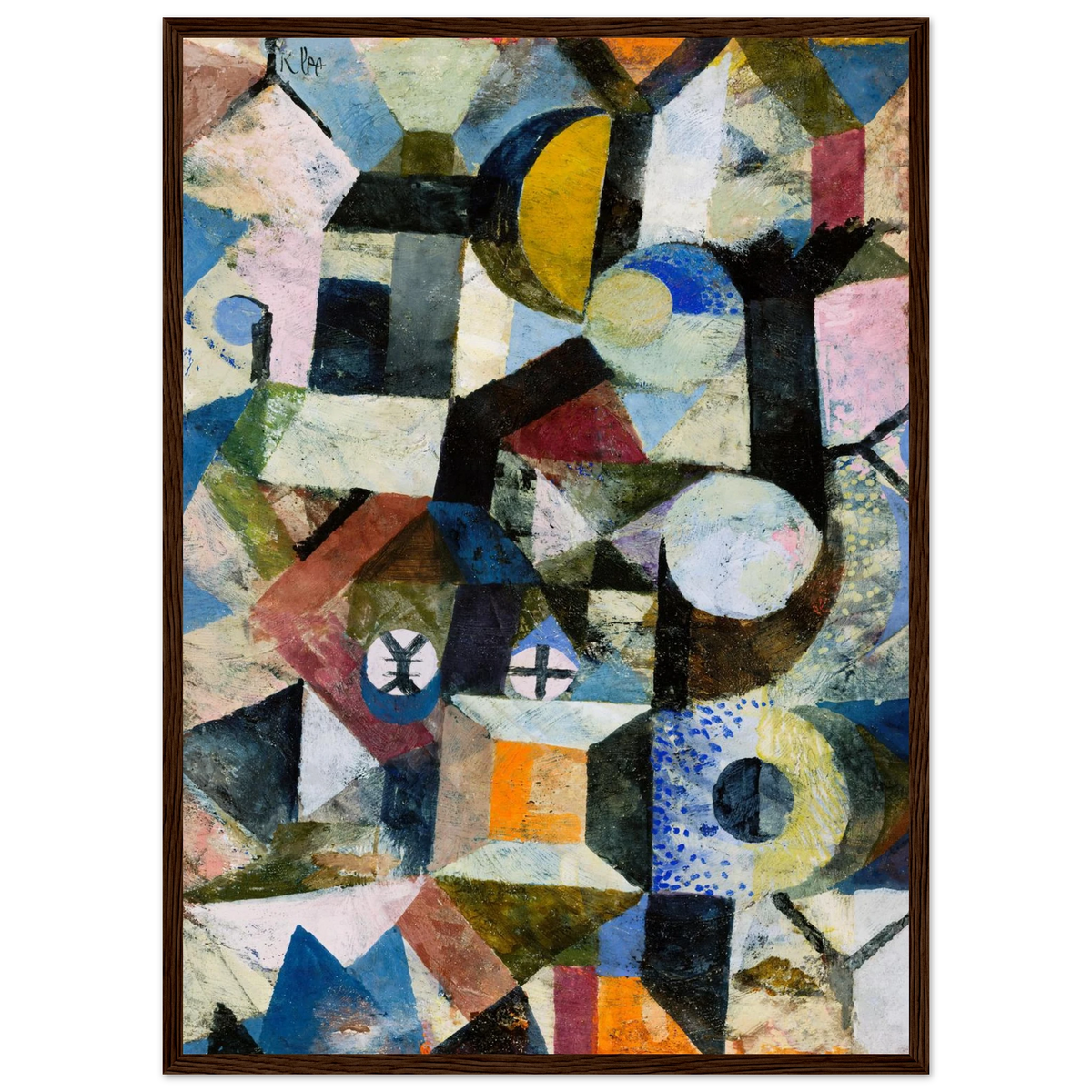 Tableau Composition au croissant jaune et au Y — Paul Klee, tirage encadré cadre bois foncé | INKONAL