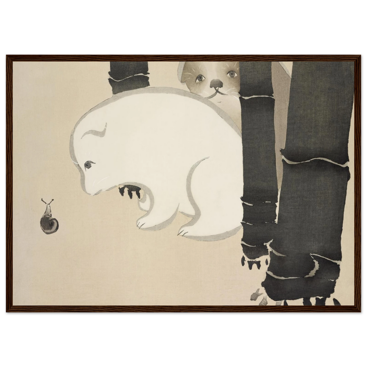 Tableau Chiots — Kamisaka Sekka, tirage cadre bois foncé | INKONAL
