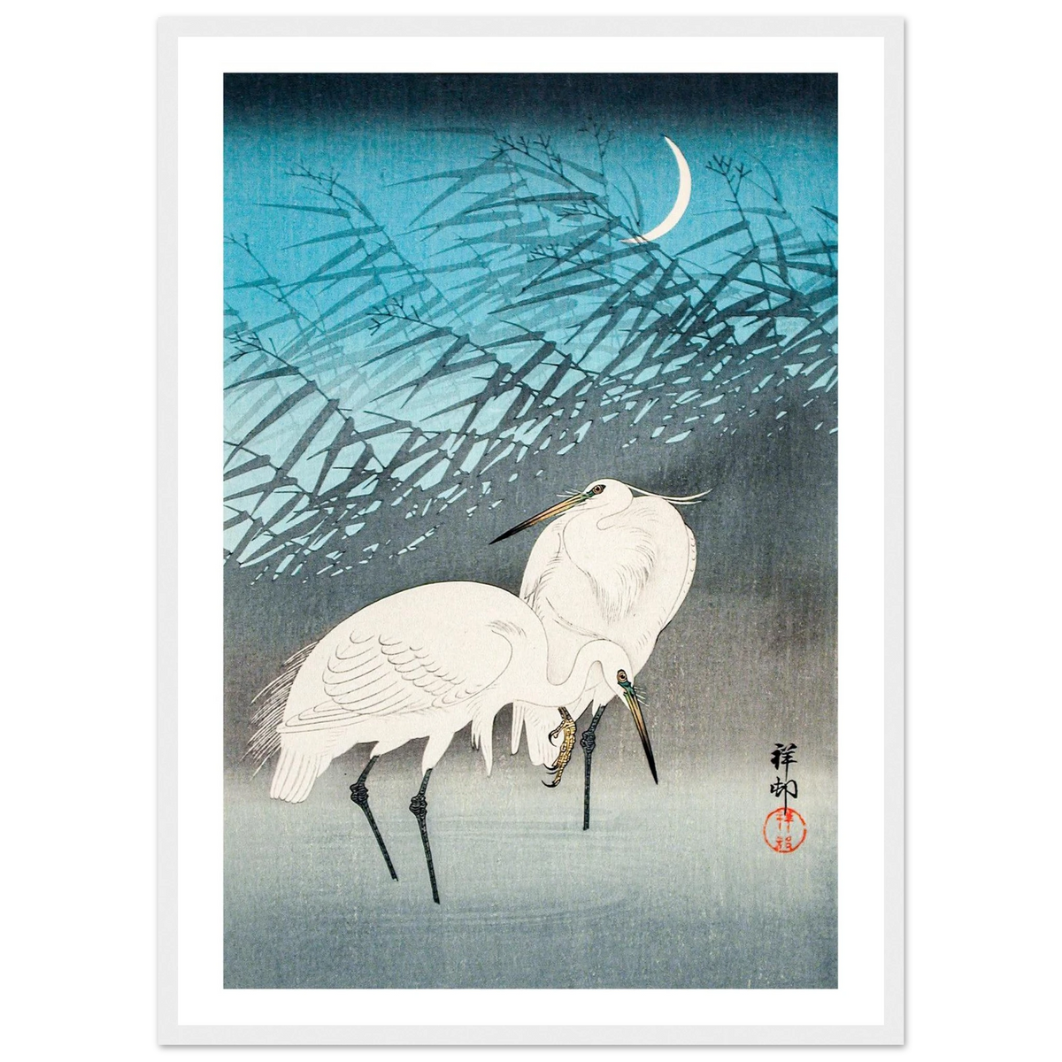 Estampe japonaise Aigrettes et roseaux au clair de lune — Ohara Koson, tirage Cadre blanc | INKONAL