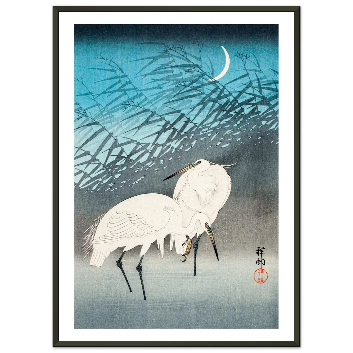Estampe japonaise Aigrettes et roseaux au clair de lune — Ohara Koson, tirage Cadre noir | INKONAL