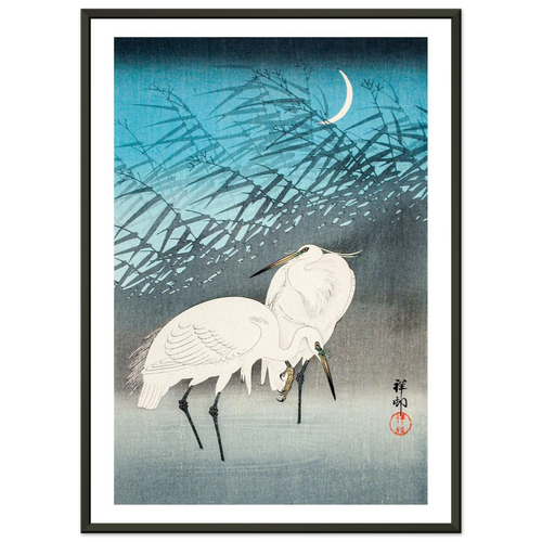 Estampe japonaise Aigrettes et roseaux au clair de lune — Ohara Koson, tirage Cadre noir | INKONAL