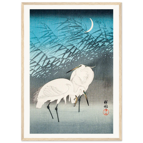 Estampe japonaise Aigrettes et roseaux au clair de lune — Ohara Koson, tirage encadré cadre bois | INKONAL