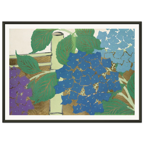 Estampe japonaise AJISAI, Hortensia — Kamisaka Sekka, tirage encadré cadre noir | INKONAL