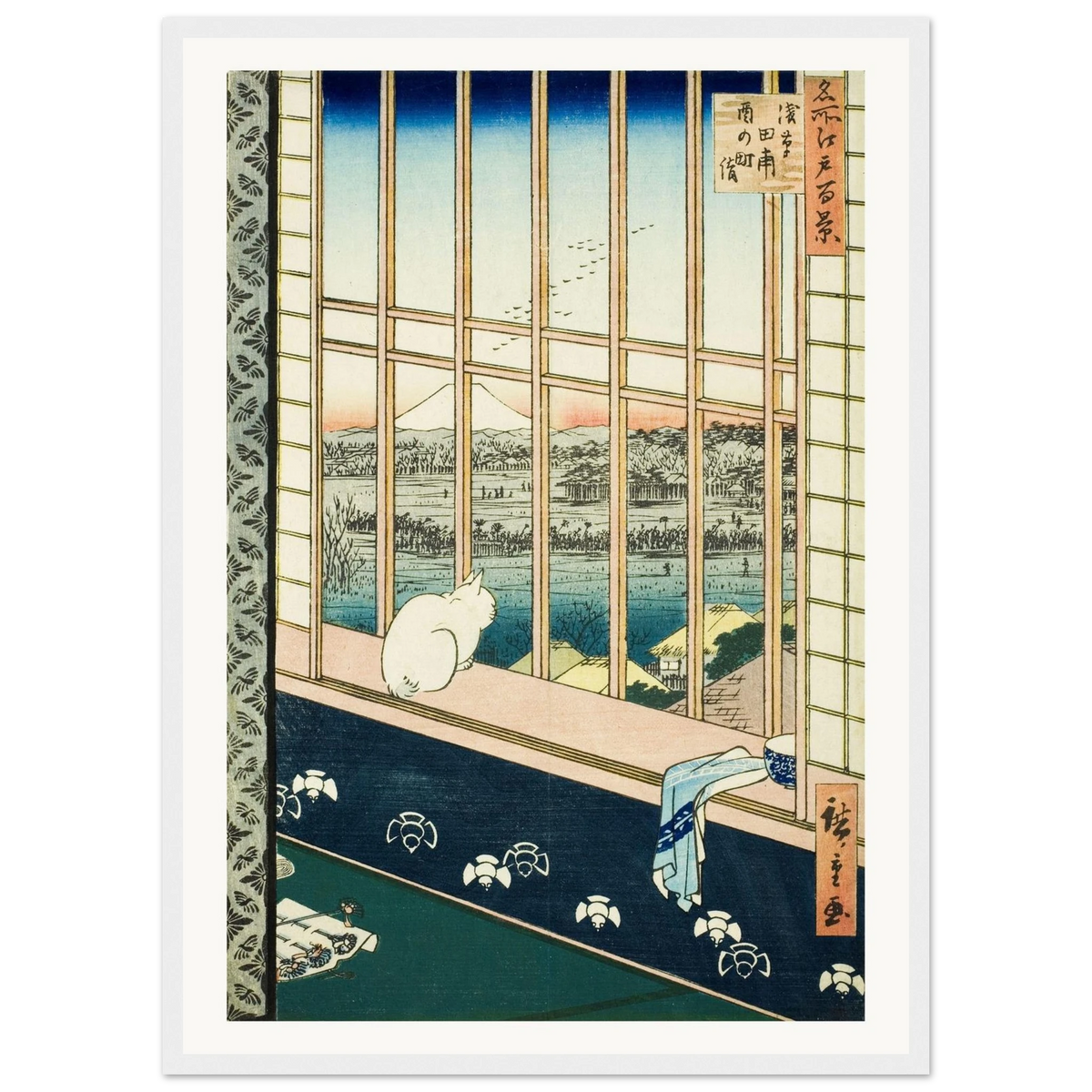 Estampe japonaise Asakusa Tanbo, le chat des rizières d'Asakusa — Hiroshige, tirage cadre blanc | INKONAL