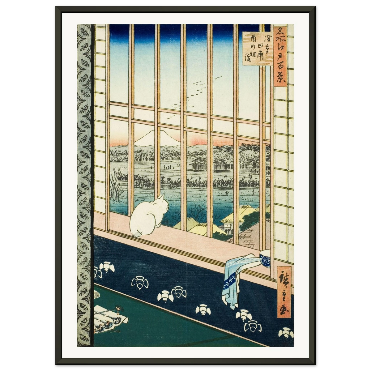 Estampe japonaise Asakusa Tanbo, le chat des rizières d'Asakusa — Hiroshige, tirage cadre noir | INKONAL