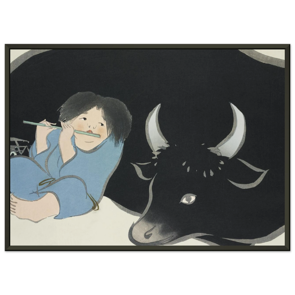 Estampe japonaise Bokudō, Le Bouvier — Kamisaka Sekka, tirage encadré cadre noir | INKONAL
