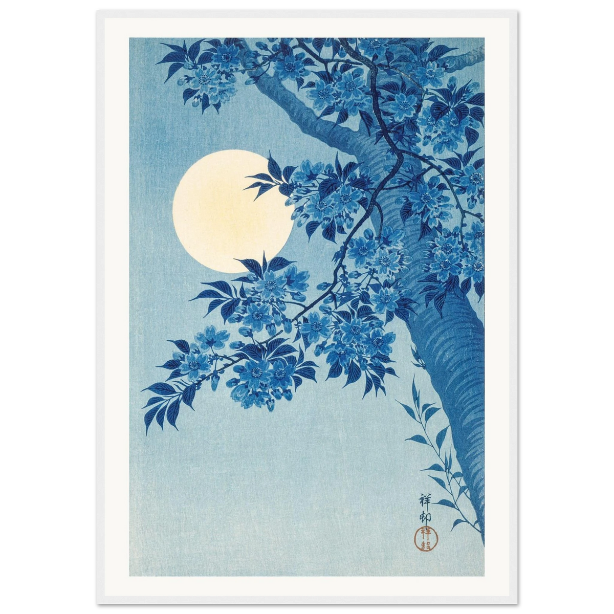 Estampe japonaise Cerisier bleu sous la lune — Ohara Koson, tirage encadré cadre blanc | INKONAL