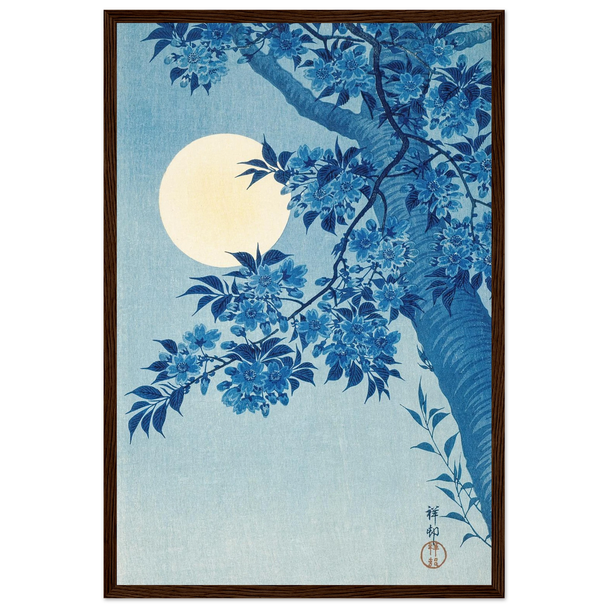 Estampe japonaise Cerisier bleu sous la lune — Ohara Koson, tirage cadre bois foncé | INKONAL
