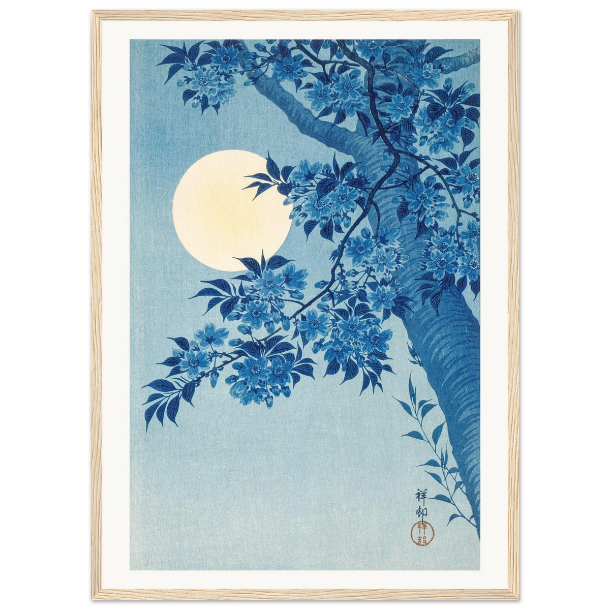 Estampe japonaise Cerisier bleu sous la lune — Ohara Koson, tirage encadré cadre bois | INKONAL