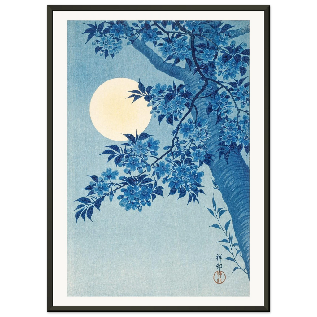 Estampe japonaise Cerisier bleu sous la lune — Ohara Koson, tirage encadré cadre noir | INKONAL