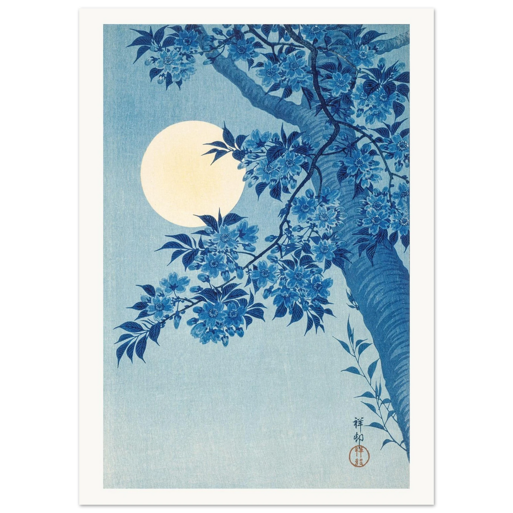 Estampe japonaise Cerisier bleu sous la lune — Ohara Koson, tirage sans cadre | INKONAL