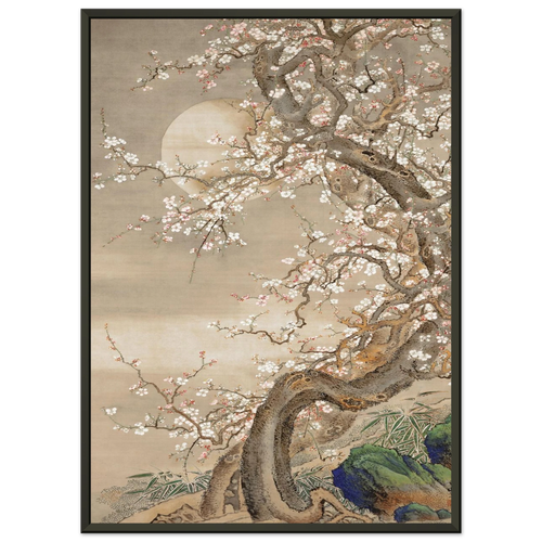 Estampe japonaise Cerisier en fleurs par une nuit de lune — Ohara Koson, tirage encadré cadre noir | INKONAL