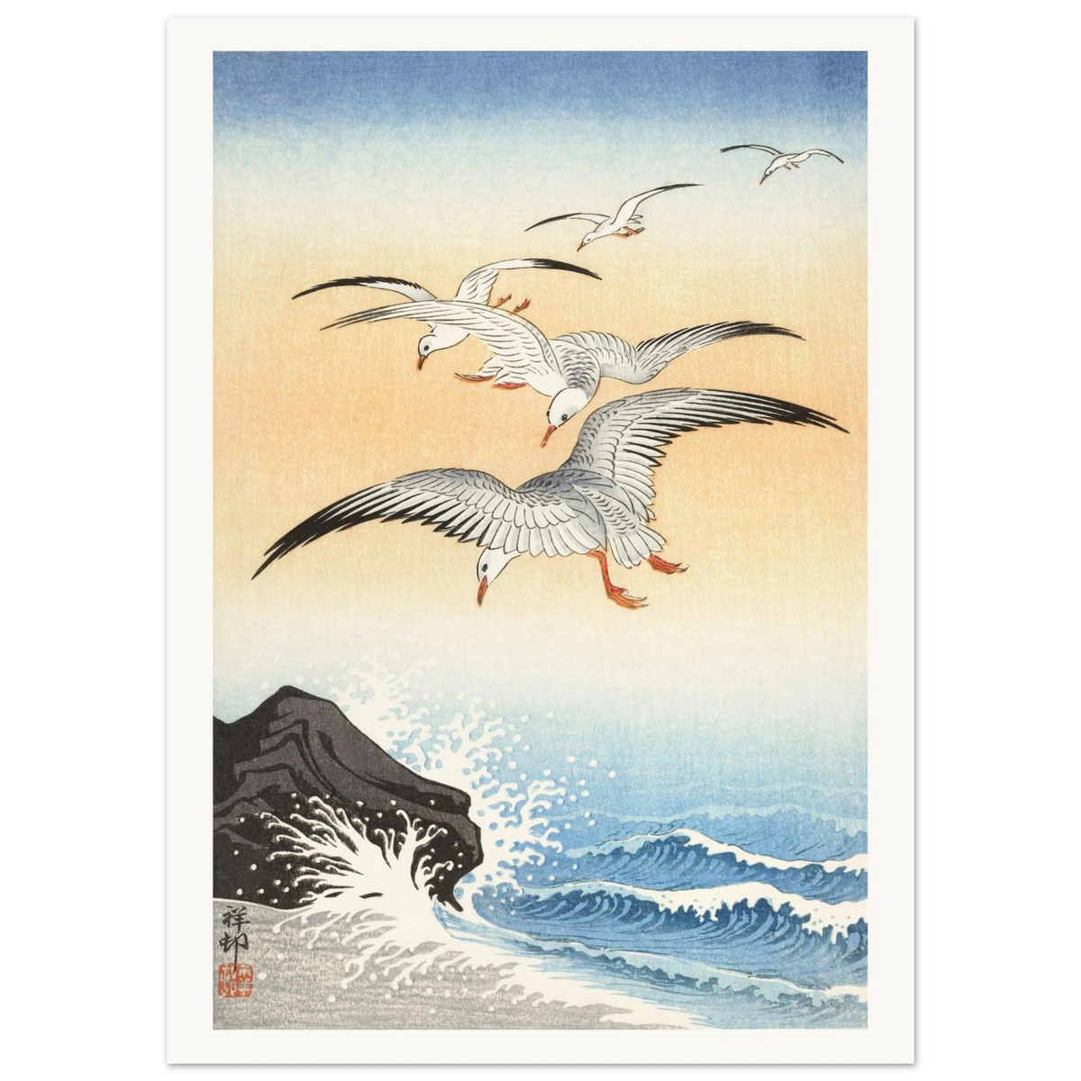 Estampe japonaise Cinq mouettes au-dessus des vagues — Ohara Koson, tirage sans cadre | INKONAL