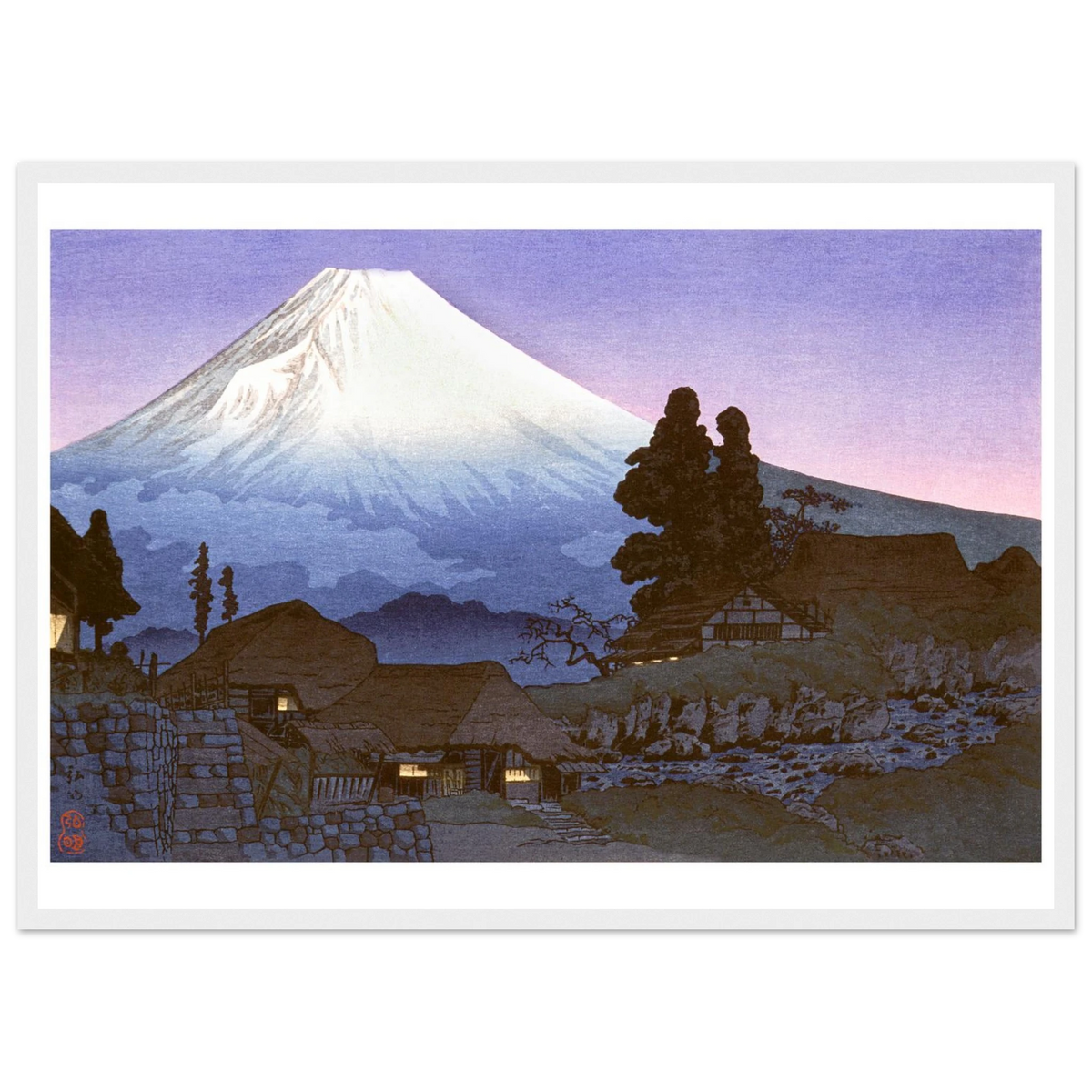 Estampe japonaise Le crépuscule sur le village encadrée cadre blanc — reproduction fine art INKONAL