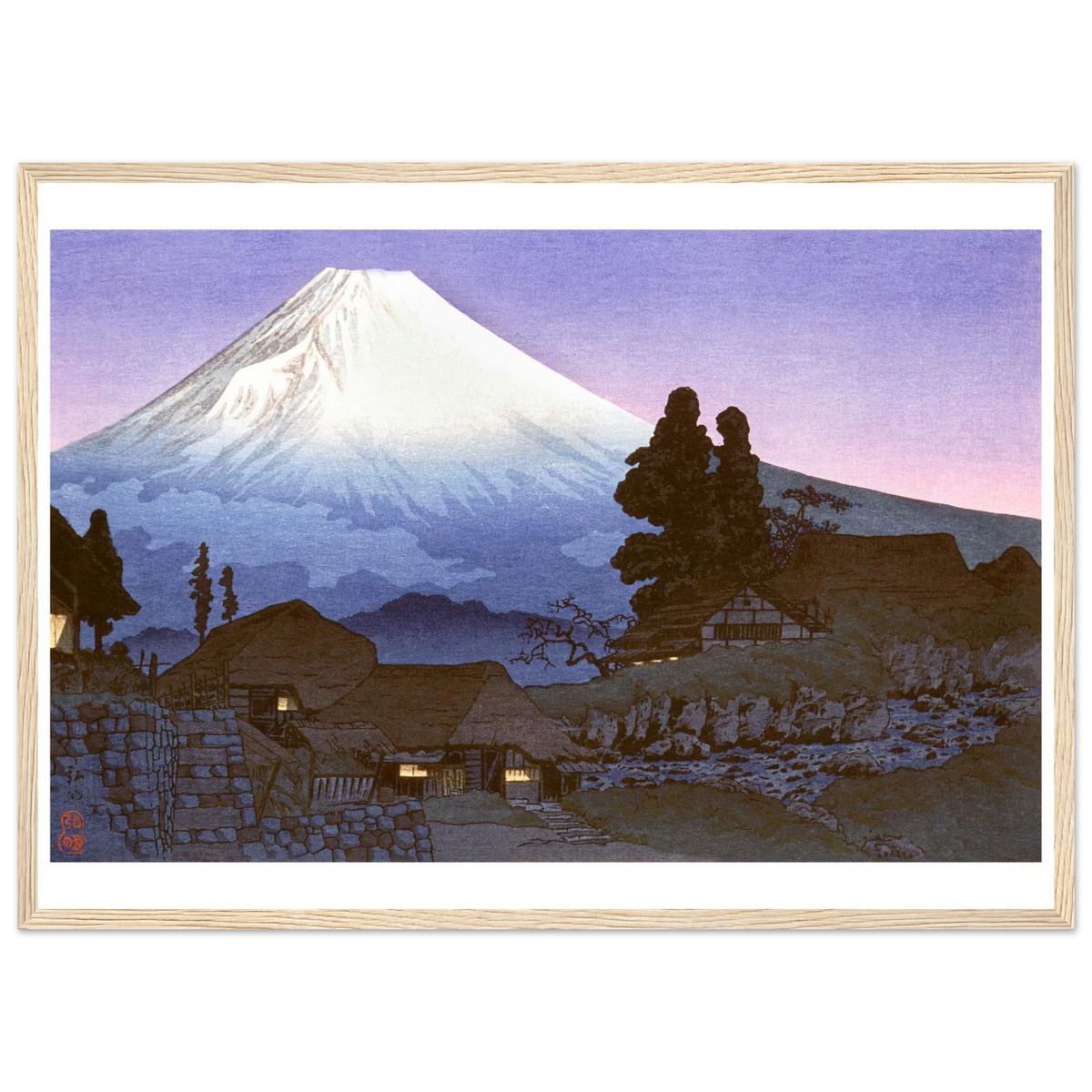 Estampe japonaise Le crépuscule sur le village encadrée cadre bois — reproduction fine art INKONAL