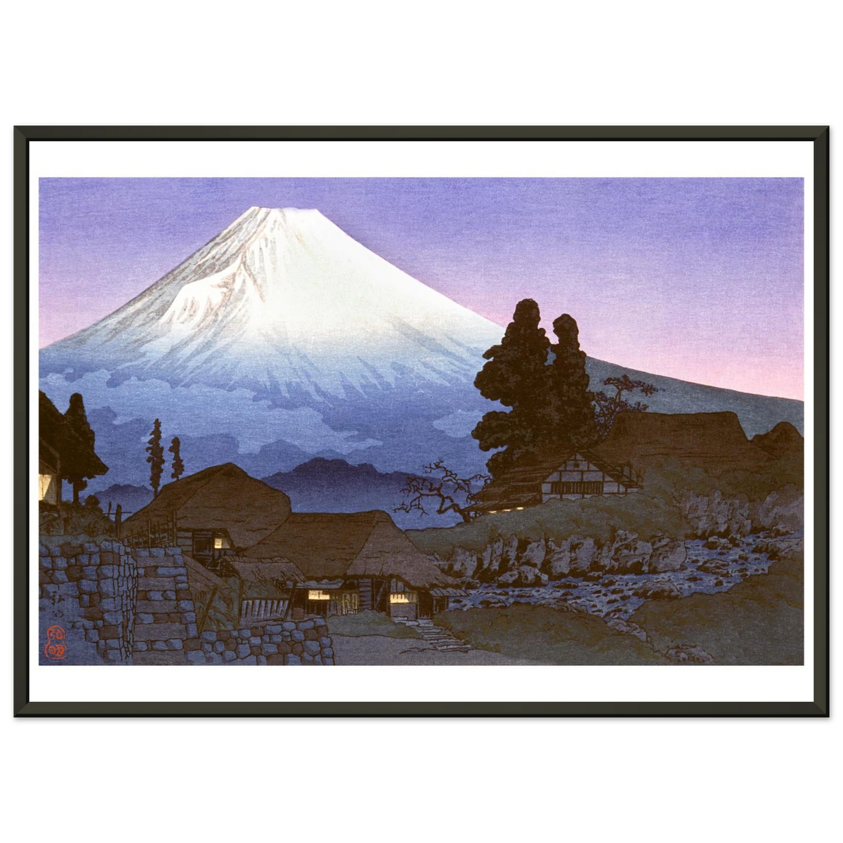 Estampe japonaise Le crépuscule sur le village encadrée cadre noir — reproduction fine art INKONAL