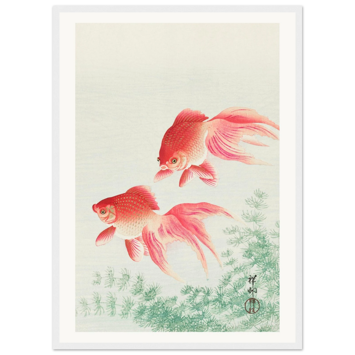 Estampe japonaise Deux poissons rouges — Ohara Koson, tirage encadré cadre blanc | INKONAL