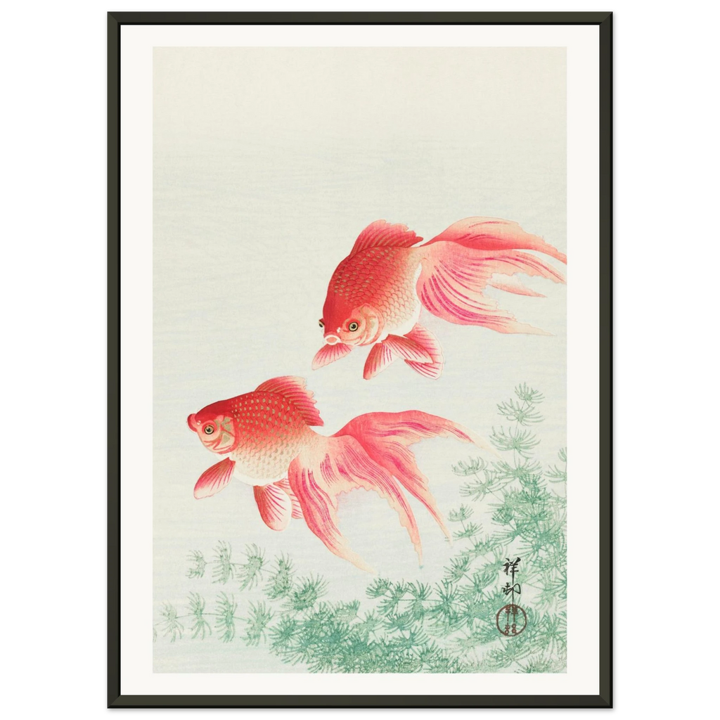Estampe japonaise Deux poissons rouges — Ohara Koson, tirage encadré cadre noir | INKONAL