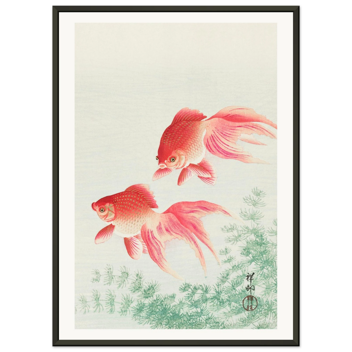 Estampe japonaise Deux poissons rouges — Ohara Koson, tirage encadré cadre noir | INKONAL