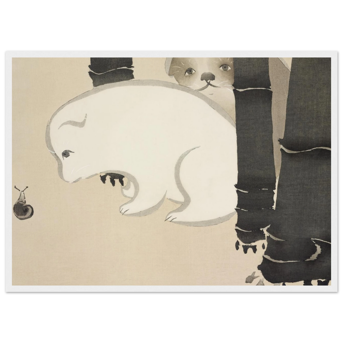 Estampe japonaise Enokoro, Chiots — Kamisaka Sekka, tirage encadré cadre blanc | INKONAL