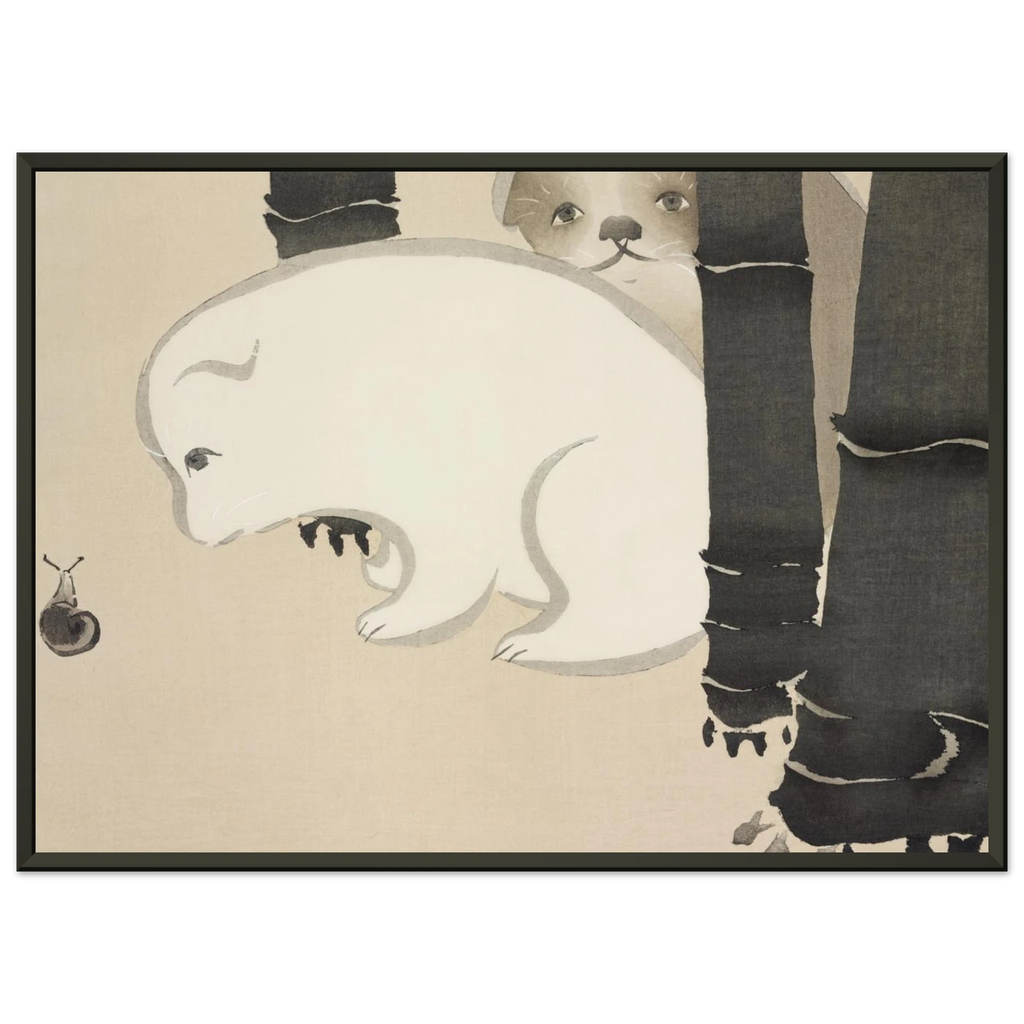 Estampe japonaise Enokoro, Chiots — Kamisaka Sekka, tirage encadré cadre noir | INKONAL