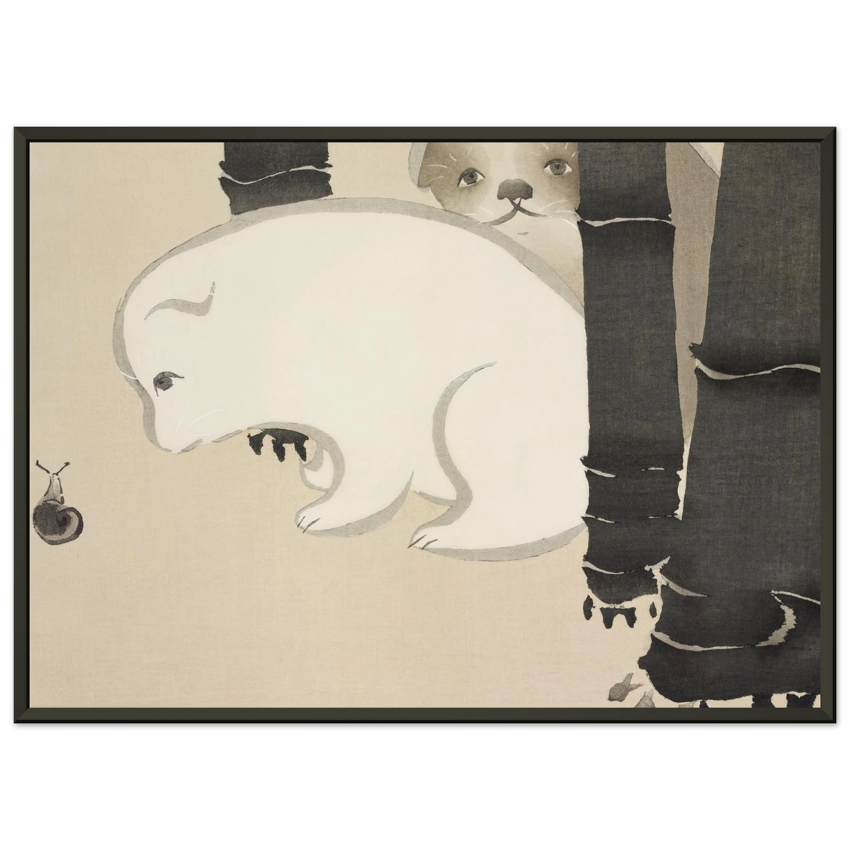 Estampe japonaise Enokoro, Chiots — Kamisaka Sekka, tirage encadré cadre noir | INKONAL