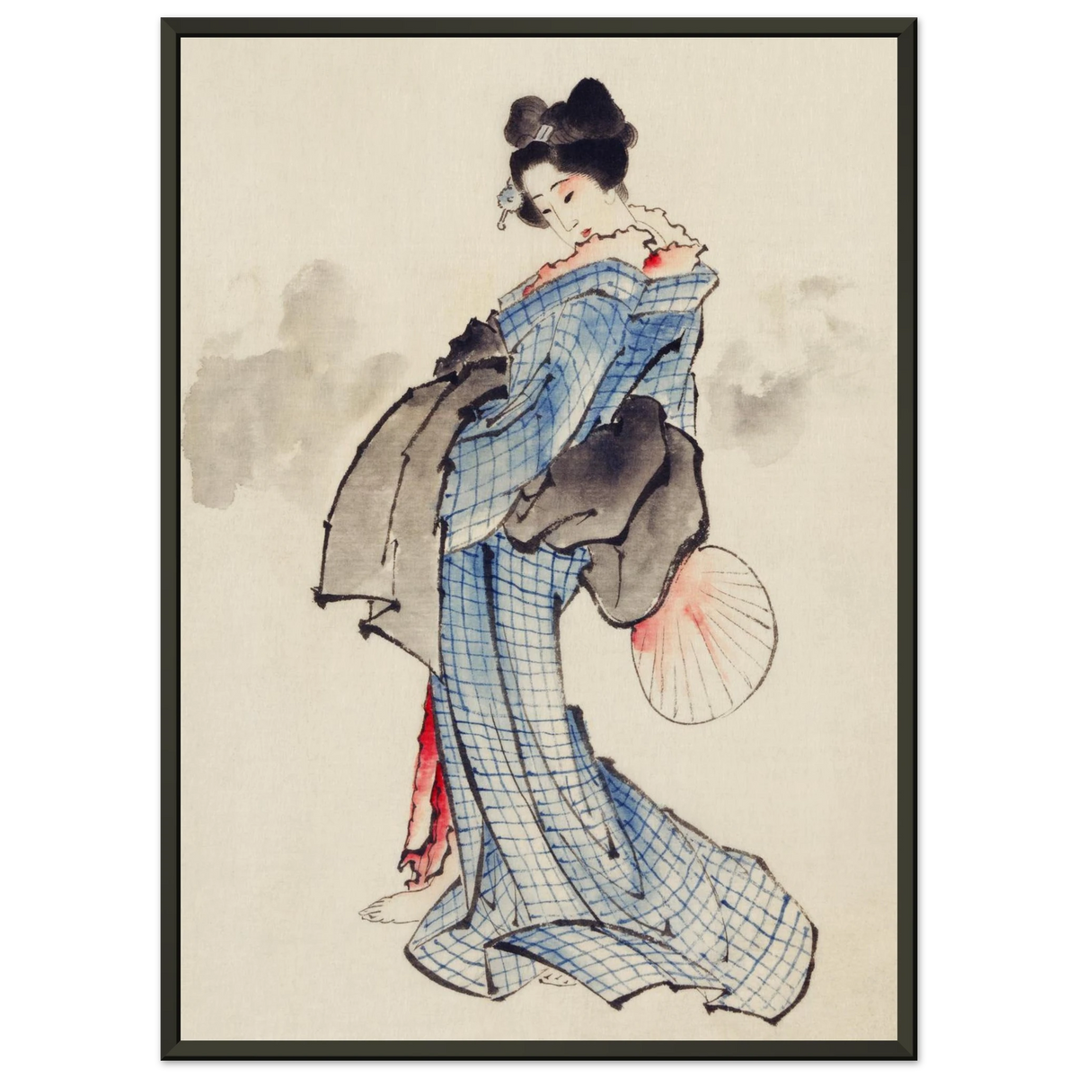 Estampe japonaise Femme à l'éventail — Katsushika Hokusai, tirage encadré cadre noir | INKONAL