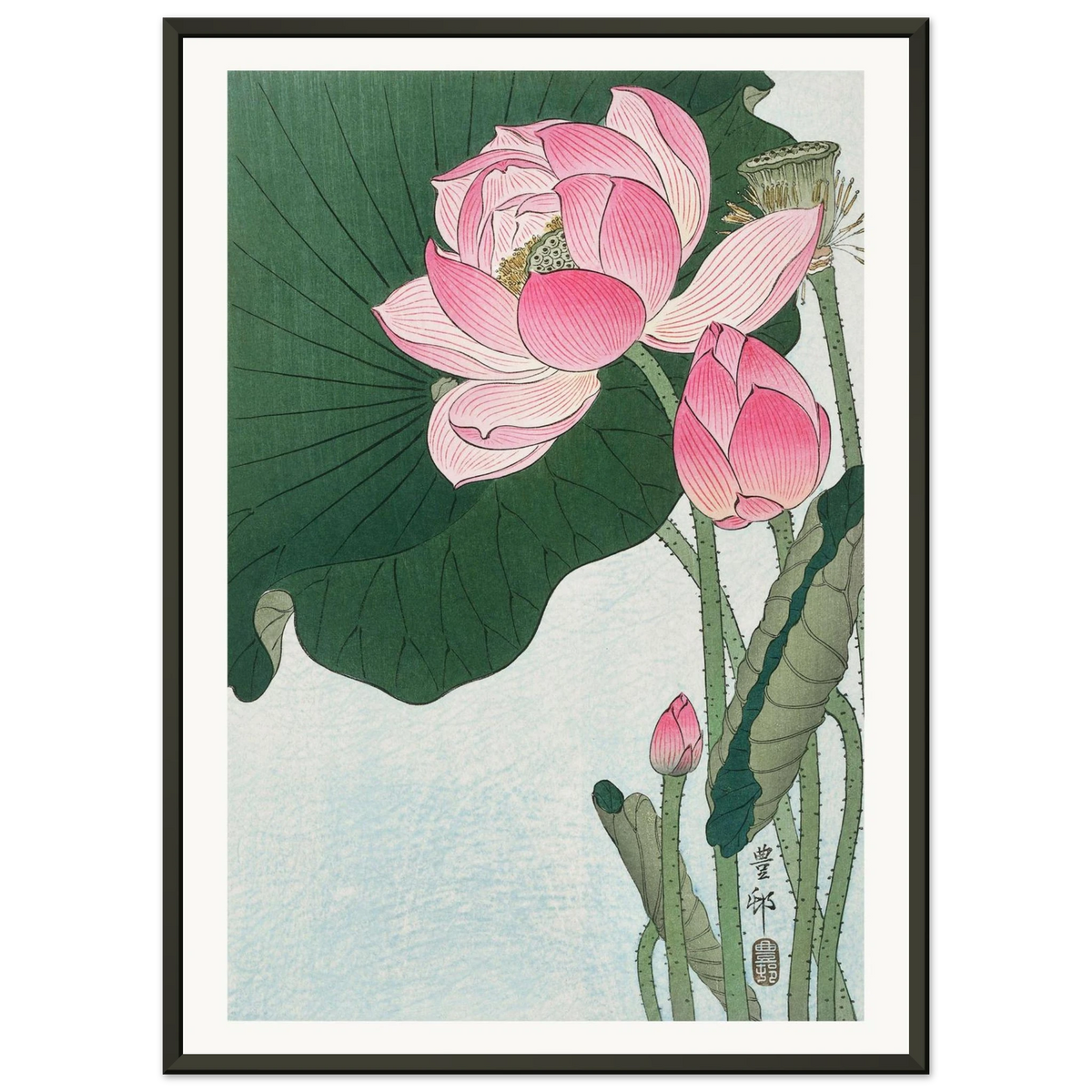 Estampe japonaise Fleurs de lotus — Ohara Koson, tirage encadré cadre noir | INKONAL