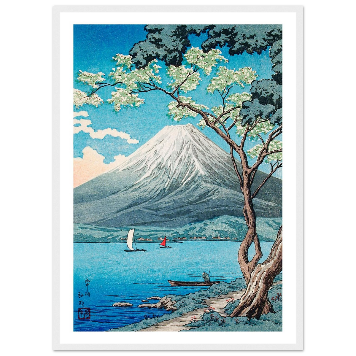Estampe japonaise Le Fuji vu du lac encadrée cadre blanc — reproduction fine art INKONAL