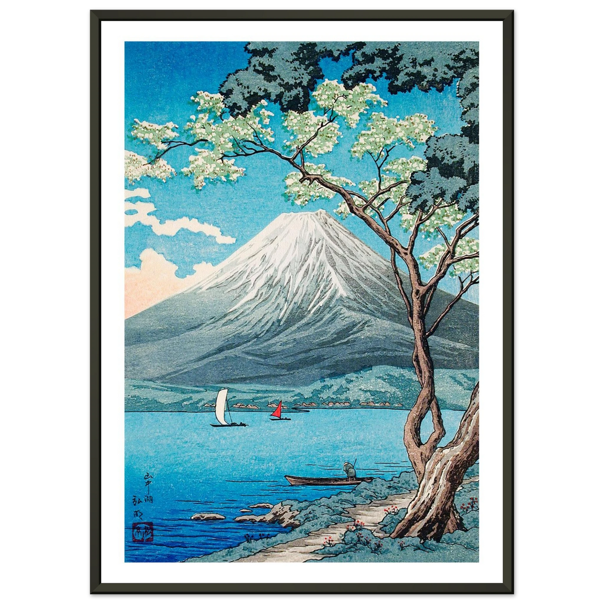Estampe japonaise Le Fuji vu du lac encadrée cadre noir — reproduction fine art INKONAL
