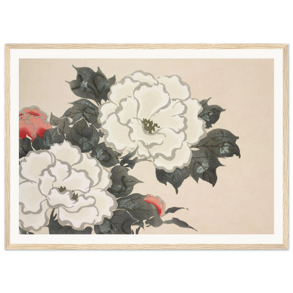 Estampe japonaise FUKAMIGUSA, Pivoines — Kamisaka Sekka, tirage encadré cadre bois | INKONAL